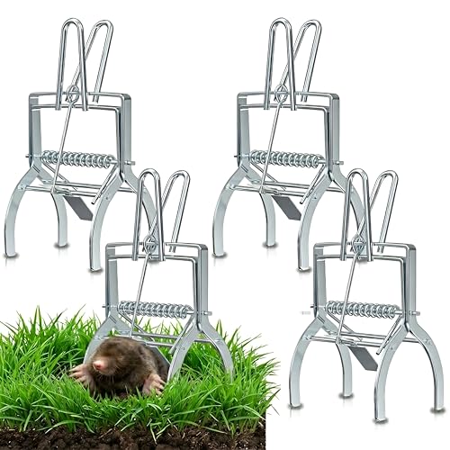 4 Pack Mole Traps that Kill Best, Mole Trap Easy to Set, Galvanized Steel Gopher Traps for Lawns, Reusable Quick Capture Gopher Hawk Vole Trap Outdoor Use