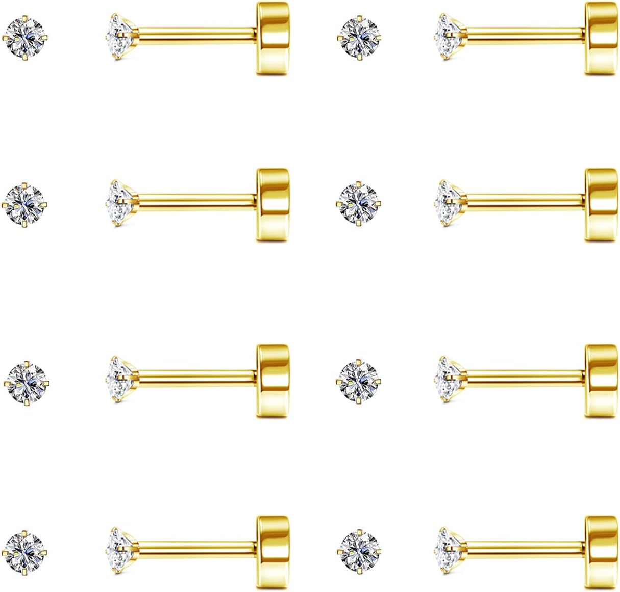 2MM 14K Gold Stud Earrings for Women & Men - Flat Back, Hypoallergenic Stainless Steel, Cubic Zirconia Screwback, Cartilage Piercing, Tiny Studs, 20G