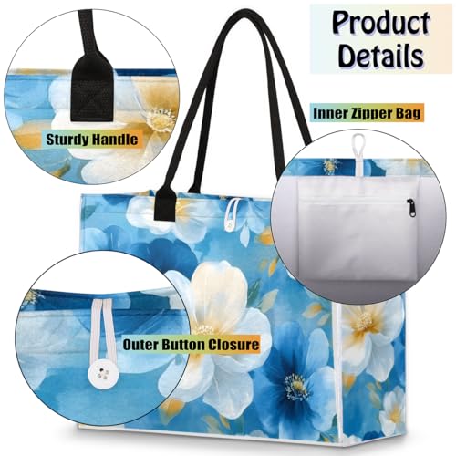 White Blue Flower Tote Bag for Women Large Beach Bag Reusable Tote Bags for Work Travel Beach Shopping4