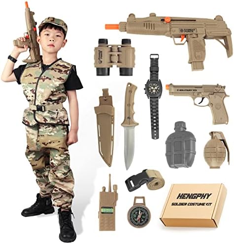 Army Halloween Costume for Boys Soldier Kit, HENGPHY Deluxe Military Camouflage Dress Up Halloween Role Play Set for Kids Aged 4-8
