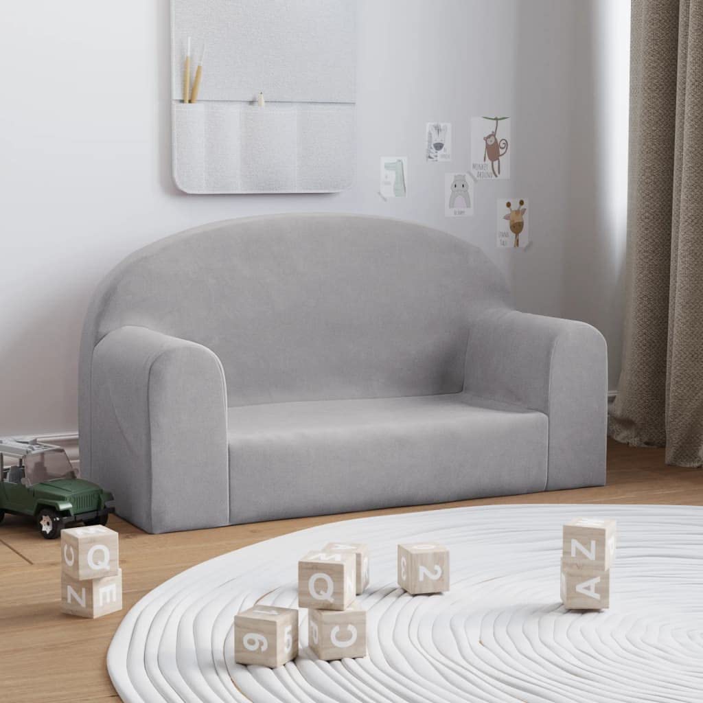 Sofa dziecięca 2-osobowa, jasnoszara, pluszowa, do pokoju dziecięcego, 84 x 34 x 45 cm, ze zdejmowaną poszewką, miękko wyściełana, wygodna i bezpieczna dla niemowląt i małych dzieci
