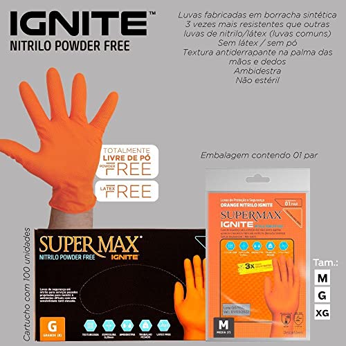 Luva de Proteção Nitrílica Texturizada Laranja Tamanho G Supermax com 100 unidades