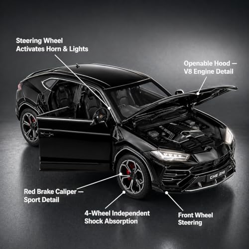 Image of Lamborghini Urus 1:24 Scale Die-Cast Car Model Black - Steering Wheel Sound Light Openable Doors Hood Pull-Back Alloy Super SUV Collectible Toy