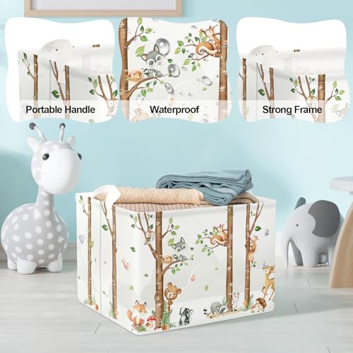 Image of Clastyle Woodland Nursery Animal Tree Baby Gift Storage Basket for Kid Room | Waterproof Large Dirty Clothes Book Gift Toy Organizer Bin, Nursery Playroom Bedroom Bathroom Shelf, Birch Tree Fox Bear