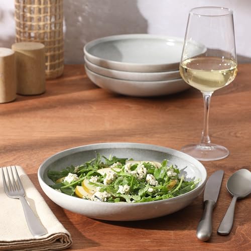 Image of Gibson Elite Beckett 4-Piece Ash White Dinner Bowl Set - Reactive Glaze Stoneware - Shallow Pasta Bowls - Round Wide-Rim Design - Microwave & Dishwasher Safe