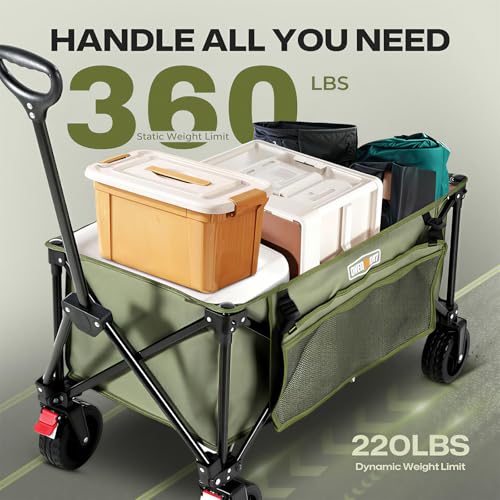 Overmont Foldable Collapsible Wagon Cart - Heavy Duty Utility Beach Wagon with Rotatable Wide Wheels - 180L Large Capacity with Side Pockets for Camping Garden Shopping - 330lbs Load by OVERMONT - Image 4