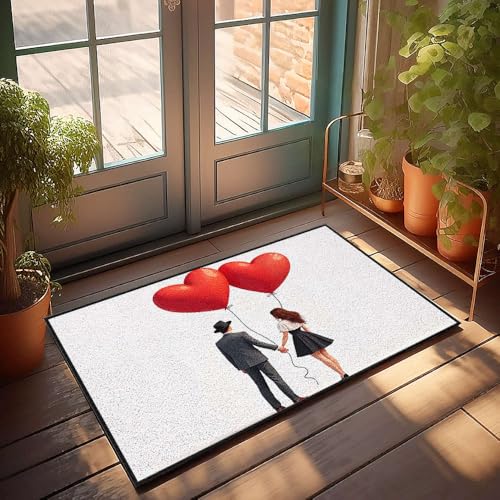 Tapis d'extérieur pour porte d'entrée design couple et cœur 65x90