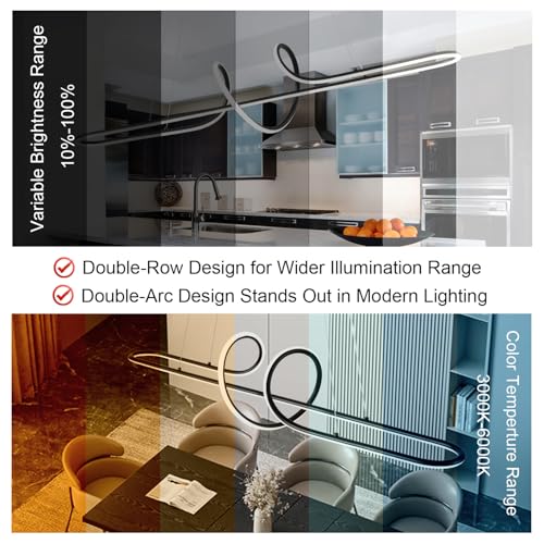 Image of Black Modern Chandelier, 43.30 inch Large Modern Led Pendant Light for Kitchen Island with Remote,Dimmable Led Chandelier for Dining Room Adjustable Height Ceiling Hanging
