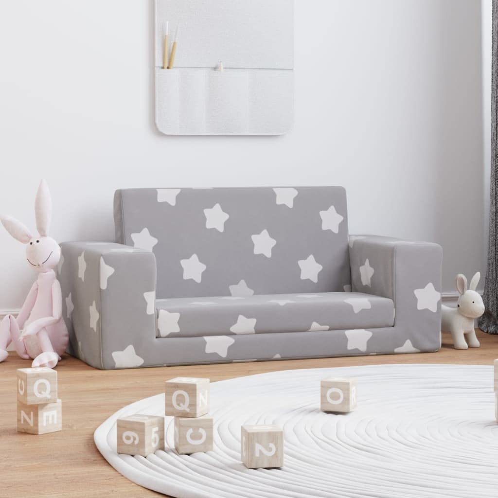 vidaXL Kinder Schlafsofa 2-Sitzer, 2-in-1 Kindersofa mit Schlaffunktion, Kindersessel Sofa Abnehmbarer Bezug, Kindercouch Couch Kindermöbel, Hellgrau mit Sternen Weicher Plüsch