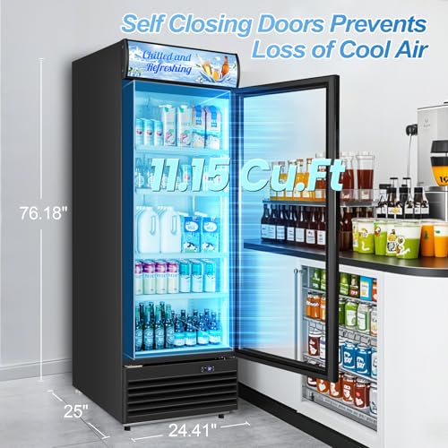 Image of Tylza Commercial Refrigerator with Glass Door Display Beverage Fridge, 11.15 Cu Ft Upright Beverage Cooler Merchandiser with Replaceable Advertising Light Board, Rebound Door, Fast Cooling, Black