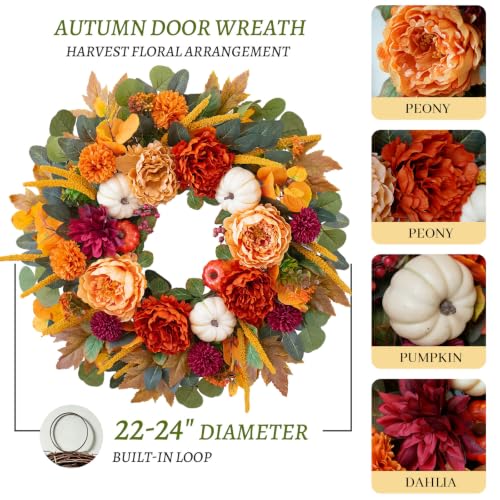 Image of 24 Inch Fall Wreaths for Front Door with Orange Peony and Burgundy Dahlias