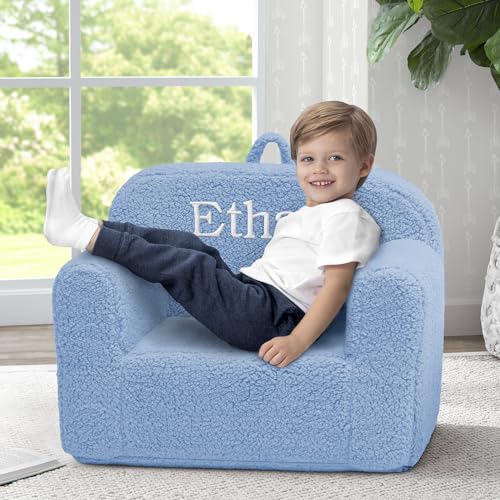 Image of Delta Children Personalized Sherpa Cozee Chair - Customize with Name - Foam Kids Chair for Ages 18 Months and Up, Powder Blue