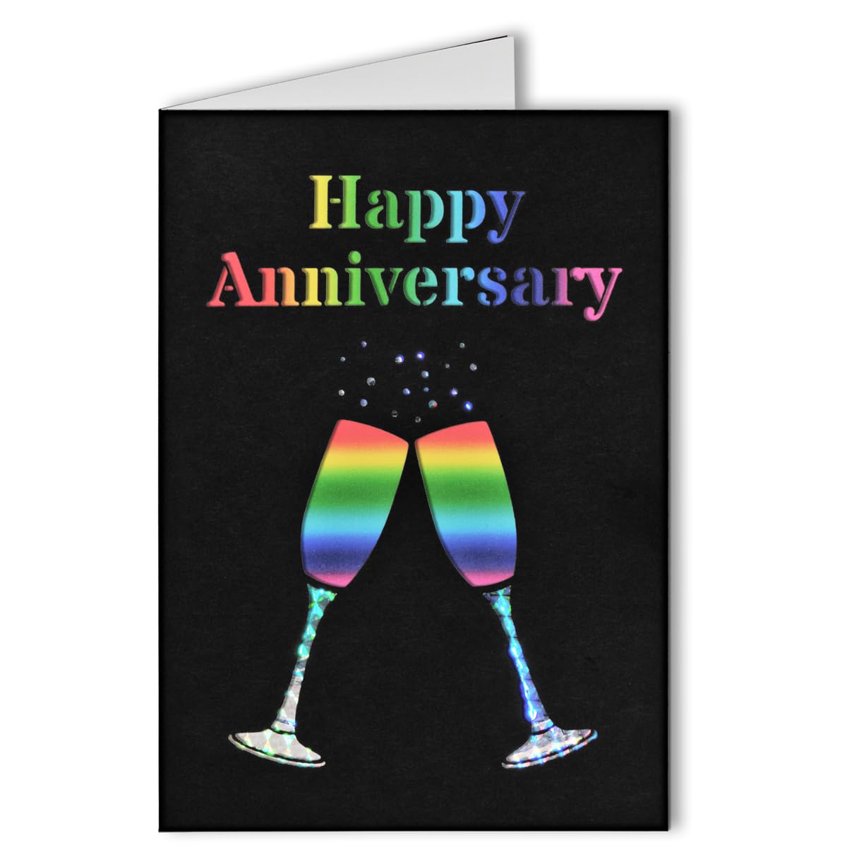 Happy Anniversary Card – Black Laser Cut Rainbow Champagne Glasses with Iridescent Stems Greeting Card for LGBT Gay Couple, Lesbian Couple, Civil Partnership or Same-Sex Marriage