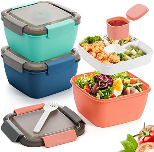YOUEON 3 Pack Salad Lunch Container to Go with 3 Compartment Tray, 52 Oz Bento Lunch Box with Spoon, Dressing Cup, Portable Salad Container for Lunch, Salad Toppings, Snacks, Fruit, Three Colors