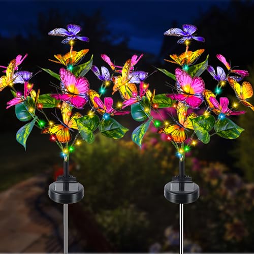 Lumière Solaire Jardin, 2 Pièces Fleur Papillon Lampe Solaire Extérieure 2 Modes Étanche Paysage Lampe Eclairage pour Chemins Lumière Décoration de...
