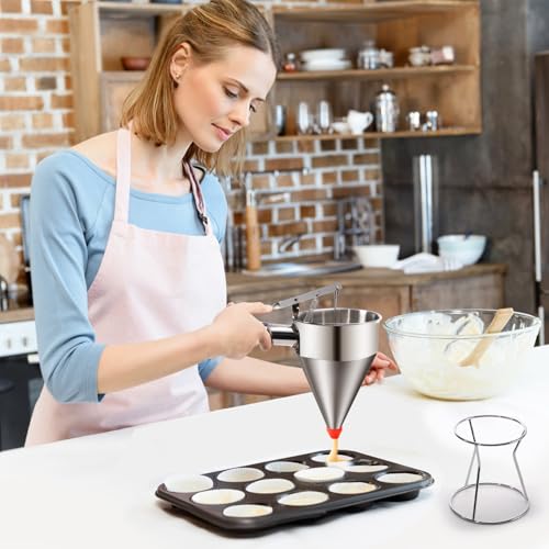 WRINGKIT Stainless Steel Pancake Batter Dispenser, 20 Oz Funnel Cake Dispenser Maker with Stand Squeeze Handle, Multi-Caliber Panckae Pourer for Cupcakes, Donut, Waffle or Baked Goods by WRINGKIT - Image 5
