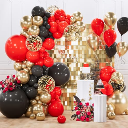 Image of PartyWoo Red Black and Gold Balloon Arch Kit Garland 140pcs Different Sizes of 18 12 10 5 Inch Matte Black Red Metallic Gold Confetti Balloons for New Year's Eve Graduation Birthday Party Decorations