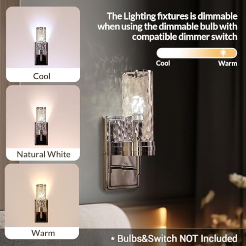 Image of ANDY STAR 1-Light Bathroom Wall Sconce, Polished Chrome Hammered Glass Vanity Light, Water Ripple Side Light Fixtures with Clear Glass Shade, E12 Base, Wall Lamp for Bedroom, Hallway