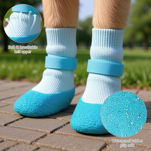 Image of Qpets 4Pcs Non-Slip Dog Socks, Rubber Dog Shoes Waterproof Pet Paw Protector Shoes with Soft Knit Upper & Durable Grip Sole, Adjustable Strap Pet Booties for Dogs Cat Indoor Outdoor Walking M 4-6.5KG