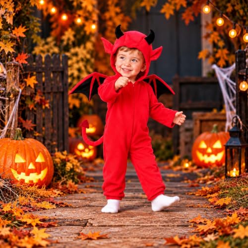 Halloween Costume Hooded Zip Up Jumpsuit with Tail and Horns Wings Soft Cosplay Party Romper Outfit (A1-Red, S) - image 2