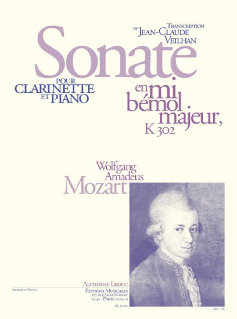 Partition Mozart K302 en mi bémol majeur pour clarinette en si bémol et piano haut de gamme