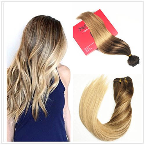 120 Gram Full Thick Remy Human Hair Clip In Extensions Ombre Medium Brown to Ash Blonde Highlights Balayage Real Hair In 2 Colors 4/18 Full Head Clips On 18 Inch