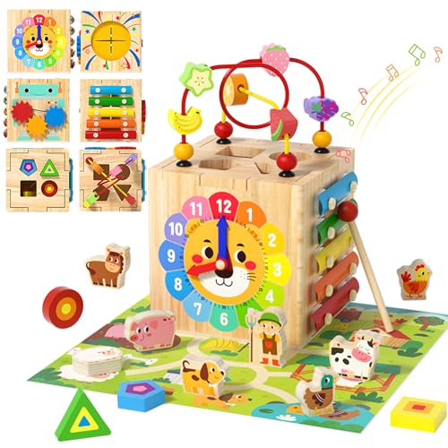 LZDMY 7-in-1 Baby Wooden Activity Cube Montessori Toys for 1 2 3 Years old
