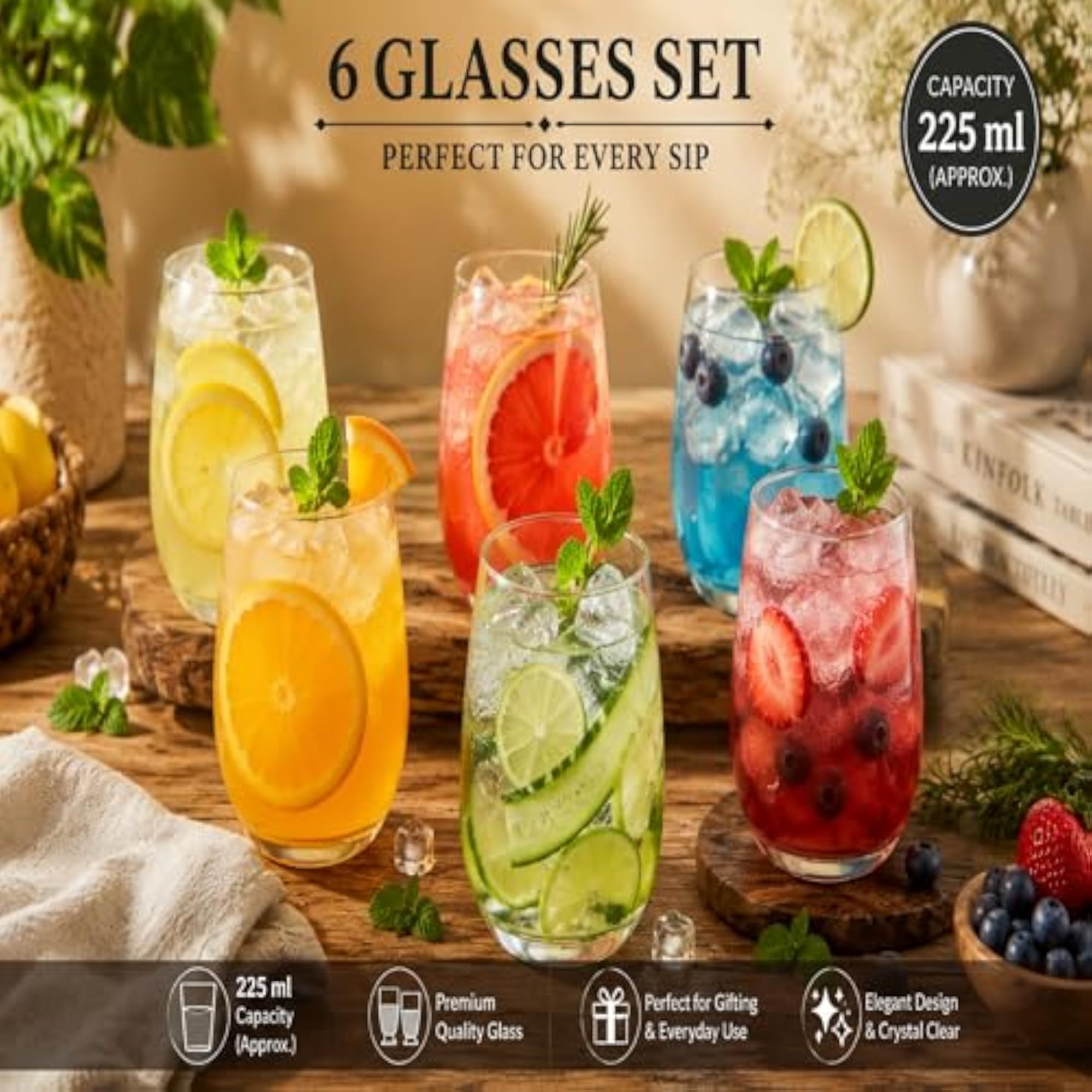 Stemless Glasses Set of 6, Multipurpose Drinking Glasses