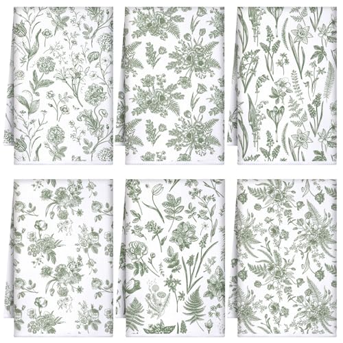 Boyiee 6 Sets Sage Green Kitchen Towels Set Vintage Floral Dish Tea Towels Absorbent Wildflower Dishtowels 24
