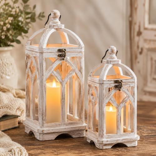 Farmhouse Lantern Decorative Indoor, White Wood Candle Holder | W...