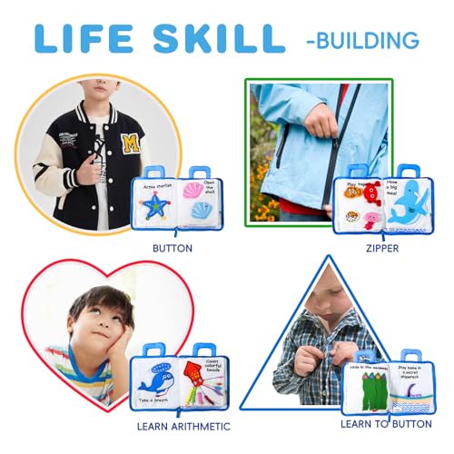 Image of Jollybaby Quiet Book for Toddlers - Montessori Basic Skills Activity Toys - Preschool Learning Soft Travel Toy & Sensory Educational Busy Book for 1-3 Year Old Boys & Girls + Zipper Bag(Wathet)