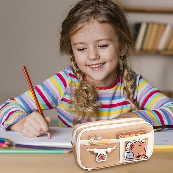 Image of WORSHIPER Cute Cartoon Double Zipper Pencil Pouch for Girls & Boys - Large Capacity School Stationery Organizer with Front Pocket, Waterproof Fabric Pen Case for Students (Brown)