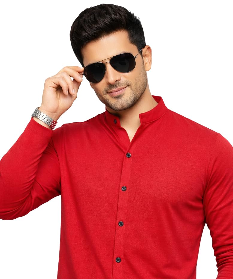 Image of Blisstone Men's Band Collar Shirt - Full Sleeve Slim Fit Casual Cotton Blend Mandarin Collar Button Down Shirt