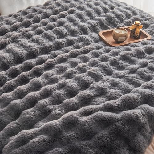 Image of EMME Faux Fur Blanket Twin Size Dark Gray - Big Bubble Rabbit Cozy Blanket for Couch, Thick Furry Plush Shaggy Blankets, 650GSM, 60x80 Inches