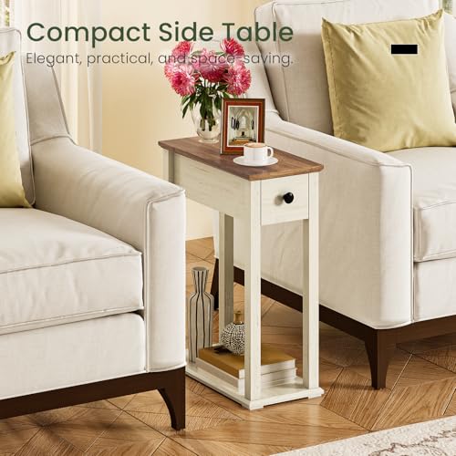 Image of CHOEZON Farmhouse End Table, 2-Tier Narrow Side Table with Drawer, Wooden Nightstand, for Small Space, Living Room, Bedroom