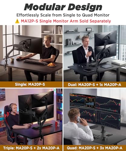 Image of ULTRARM Extra-Tall Extension Arm Accessory for MA12P-S Do Not Use Alone | Max 4 Screens, Dual 40 inch Vertical Stacked Monitor Mount, Base & Pole Not Included, VESA 100x100, Black, MA12P-A