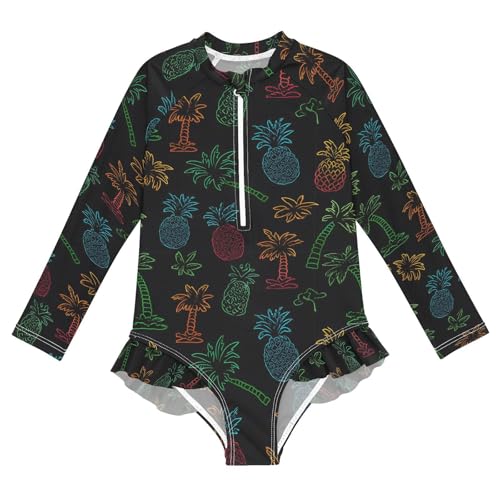 ALAZA Neon Palm Tree Pineapple Black Girls One Piece Swimsuit Long Sleeve Rash Guard Swimsuits UV 50+ Swimwear Zipper