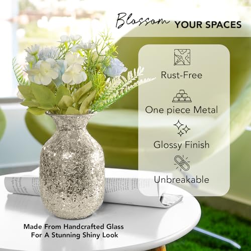 Image of Nostrae by Ekhasa Unbreakable Metallic Silver Flower Vase for Home Decor | Aesthetic Flower Vase Gift for Weddings, Housewarmings | Decorative Mosaic Vase for Living Room, Dining Table, Office
