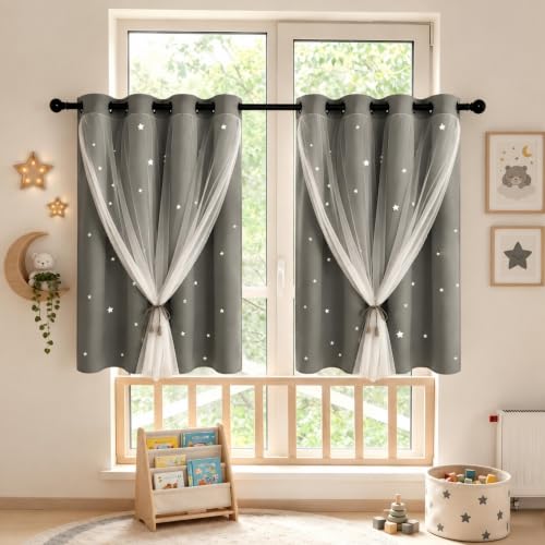 Grey Kids Star Cutout Blackout Curtains for Bedroom 52"W x 36"L 2 Panels