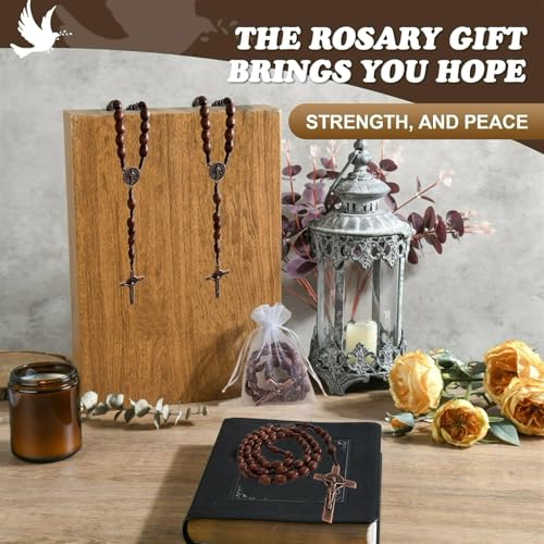 Image of Bovemee Saint Benedict Medal Prayer Pocket Rosary Catholic Brown Wood Beads with Medalla de san benitol and Crucifix, 9 Inch