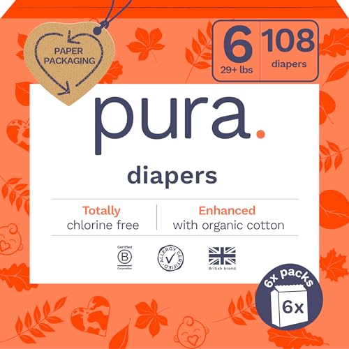 pura size 6 eco-friendly diapers 29 lbs totally chlorine free tcfhypoallergenic soft organic cotton sustainable up to 12 hours leak protection allergy uk 18 count pack of 6total-108