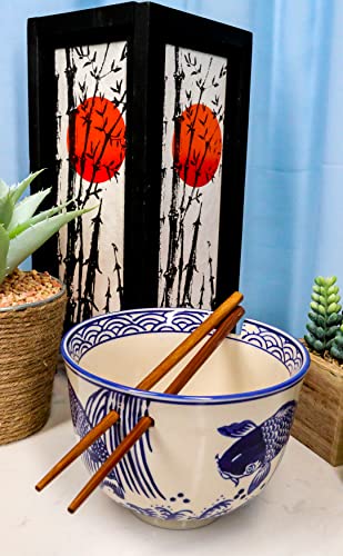 Ebros Ming Style Zen Blue White Koi Fishes By Waterfall Ramen Udong Noodles 5" Diameter Bowl With Built In Chopsticks Rest And Bamboo Chopstick Set For Dining Soup Rice Meal Cereal Bowls Decor Kitchen #TOP6