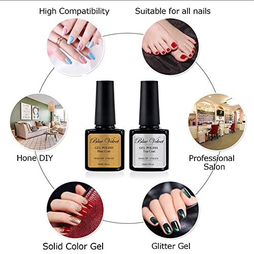 Blue Velvet No Wipe Top Coat And Base Coat Set Soak Off Uv Led Gel Nail Polish Top Sealer + Foundation Base Kit High Glossy Shine Finish And Long Lasting - 2 X 10Ml #TOP3