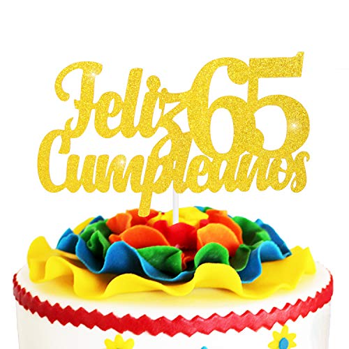Feliz Cumpleaños 65th Birthday Cake Topper - Gold Glitter Spanish Sixty Five Years