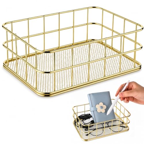 Gold Metal Wire Basket, 6.7 x 4.7 x 2.4 Inch Small Storage Basket Stackable Metal Wire Mesh Bin for Organizing for Home Desk Pantry Bathroom Kitchen Countertop, Gold