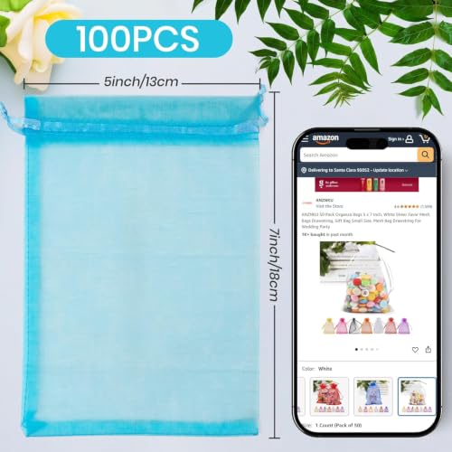 Image of ANZNKU 100 Pack Organza Bags 5x7 Inch, Mesh Bag Drawstring Mesh Gift Bags Packaging Bag for Baby Shower, Easter Gifts, Party Favors(Lake Blue)
