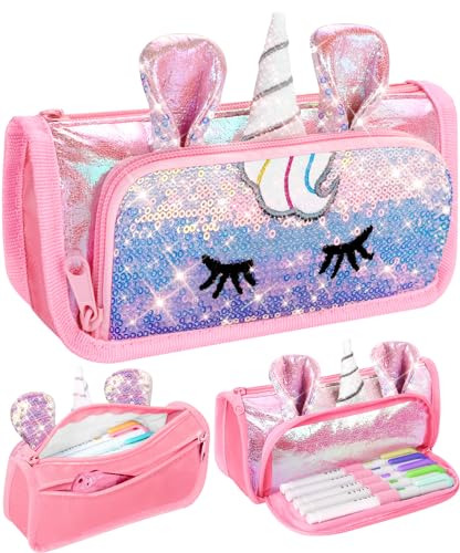 LISEVO Cute Pencil Case 3D Pencil Pouch for Girls Kids Sparkly Pencil Bag with Sequins for Students Glitter Bling School Supplies Stationary Pen Holder