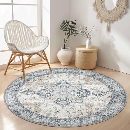GENIMO Round Rugs Living Room 120cm, Vintage Area Rugs, Machine Washable, Non-Slip Carpet, Low Pile, Non-Shedding, Traditional Oriental Printed Design, Dining Room, Bedroom