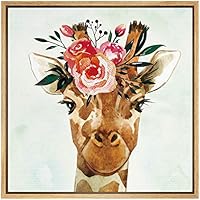 SIGNWIN Framed Canvas Wall Art Nursery Baby Giraffe with Pink, Red Flowers in Green Animals Wildlife Watercolor Impressionism Modern Portrait Fun for Living Room, Bedroom, Office - 16
