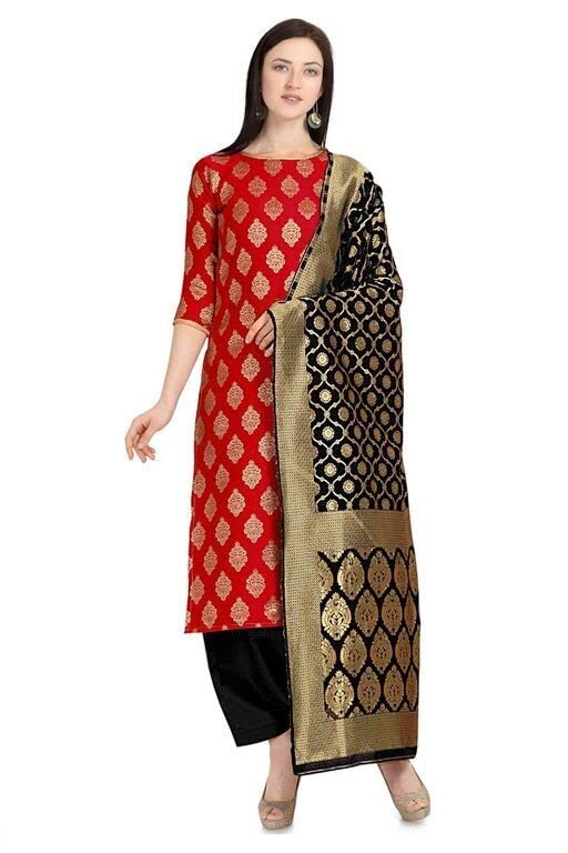 NamahTrendz Womens Jacquard Banarasi Silk Salwar Suit (Dress) Material With Dupatta,Top-2Mtr,Bottom-2Mtr,Dup-2.20 Mtr(ST_RB_RD_BK_SS)